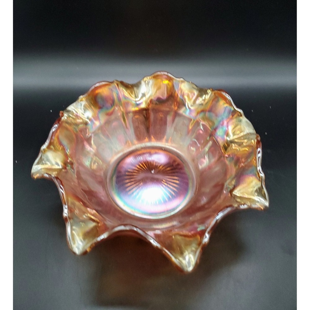 Imperial Carnival Glass Oval Round Thumbprint Ruffled Edge Bowl Marigold 9in